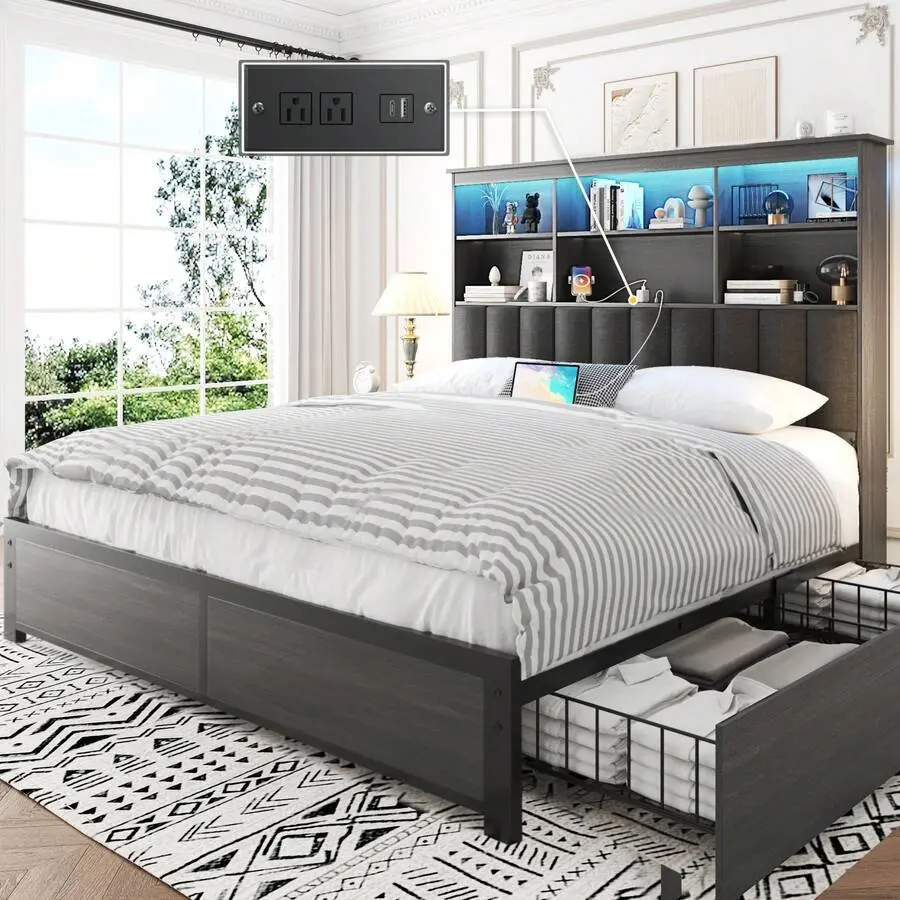 Queen Bed Frame With High Storage Bookcase Headboard,Bed Frame With Charging Station,4 Storage Drawer & LED,No Box Spring Needed,All Metal Support,Noise Free, 4 Lockable Storage Drawers, Built-In Charging Station