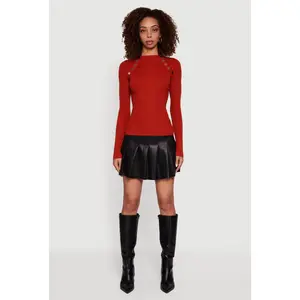 Metallic Button Detail Rib Knit High Neck Sweater