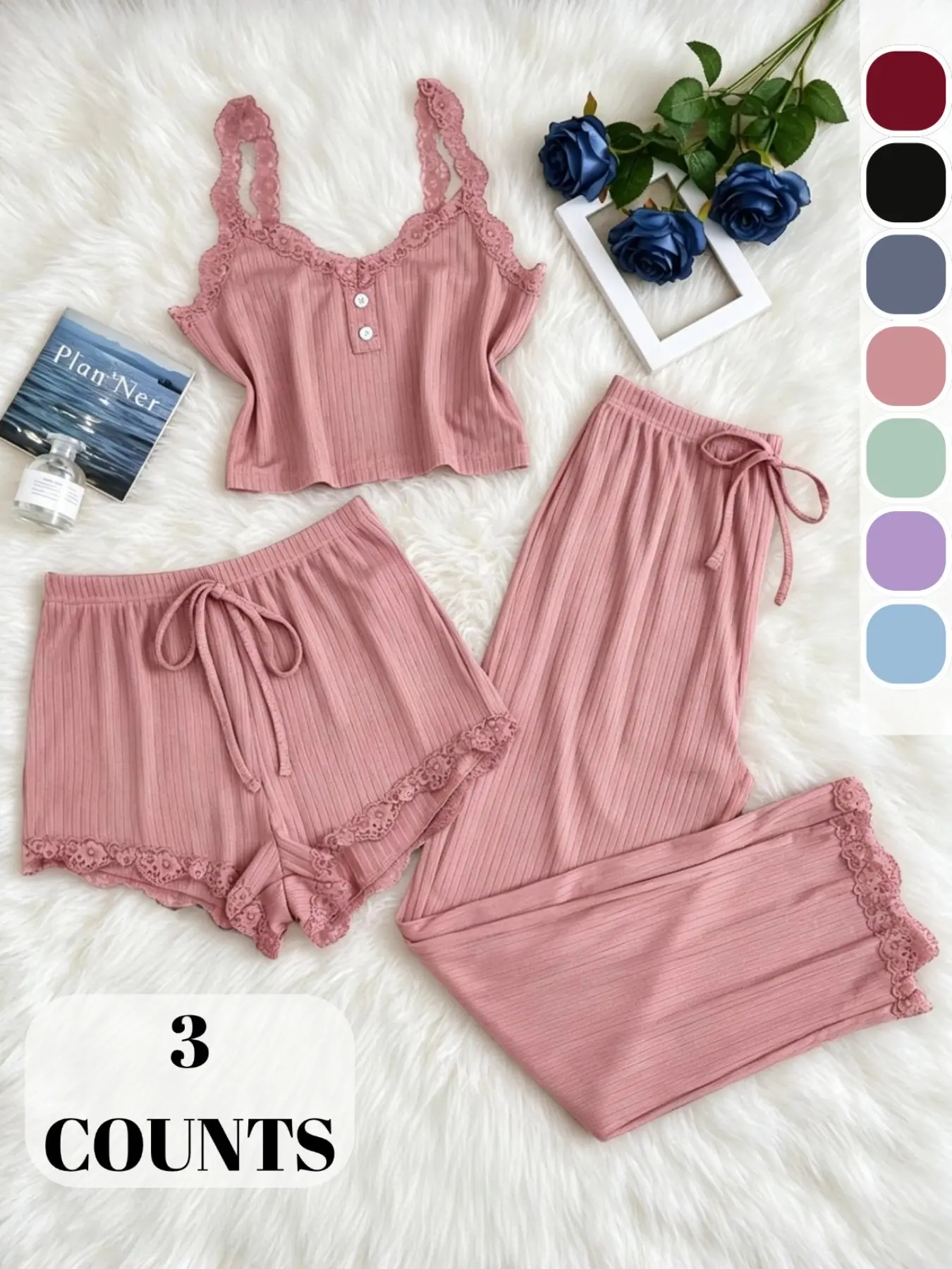 Women's Sleepwear Set, 3-Piece Comfortable Night Clothes, Cute, Soft Fabric Design, Lace, Perfect Gift for Relaxing Nights, loungewear set, pj sets for women, pajamas for women, pjs, loungewear, Pyjamas, Homewear