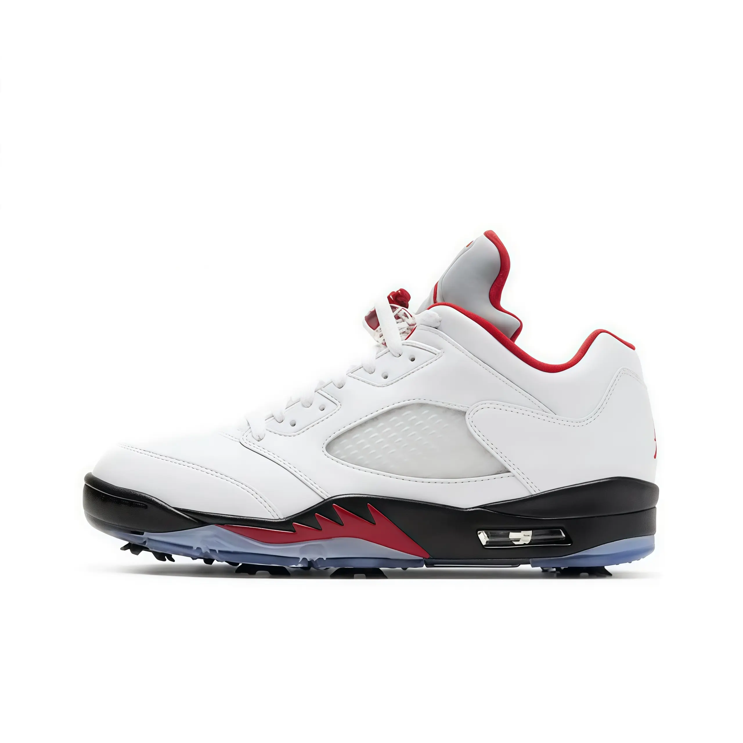 White red clear spike sole low top basketball sneakers, versatile unisex hypebeast street kicks, smooth leather upper, perforated side mesh, red shark tooth midsole, transparent traction outsole, multi-scene casual athletic trainers