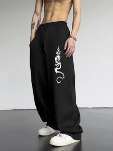 Unisex Dragon Graphic Wide-Leg Sweatpants – Black & White Print, Streetwear Aesthetic, Soft Fleece Blend, Oversized Fit, Perfect for Street Style & Asian Culture Fans, Durable High-Quality Print, Ideal for Daily Wear/Outings, Sports Casual Pants