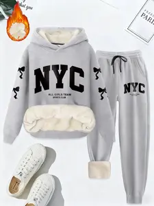 Women's Fashion Casual Loose Fit Letter Print Soft Fleece Hoodie Set, Womenswear Cozy Polar Fleece Sweatshirt and Pants, All-Season Wear