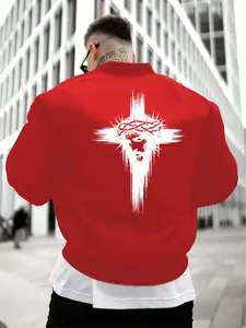 Men's Fall Outdoor Casual Comfortable Hooded Sweatshirt Jacket, Christian Cross Print, Holiday Gift, Fashion Pocket Zipper Outerwear