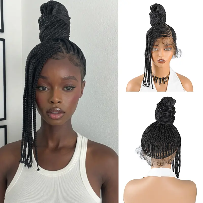 Trendy High Ponytail Fulani Cornrow Braided Wig For Black Women, Half‑Up Half‑Down Knotless Box Braid Lace Front Wig, Soft Synthetic Braid Hair With Natural Baby Hair #FulaniBraids #KnotlessBoxBraids #BraidedWig #LaceFrontWig #BlackGirlHairstyle
