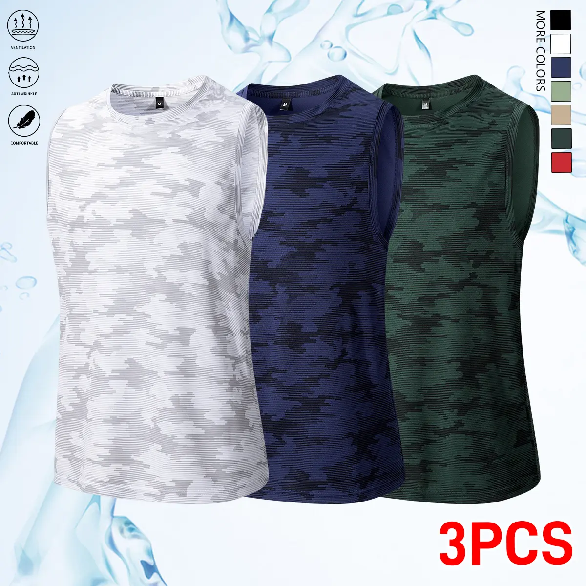 Men's 3-Pack Athletic Camouflage Vests in Blue, Green & Red, Breathable Quick-Dry Polyester Tank Tops with a Crew Neck for Casual Spring & Fall Hiking, Outdoor Wear