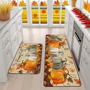 1 piece kitchen rug, autumn pumpkin print floor mat, kitchen floor mat 2-piece set, Thanksgiving maple leaf design, soft and comfortable non-slip floor mat, machine washable and rollable, autumn harvest festival gift, multifunctional suitable for kitchen
