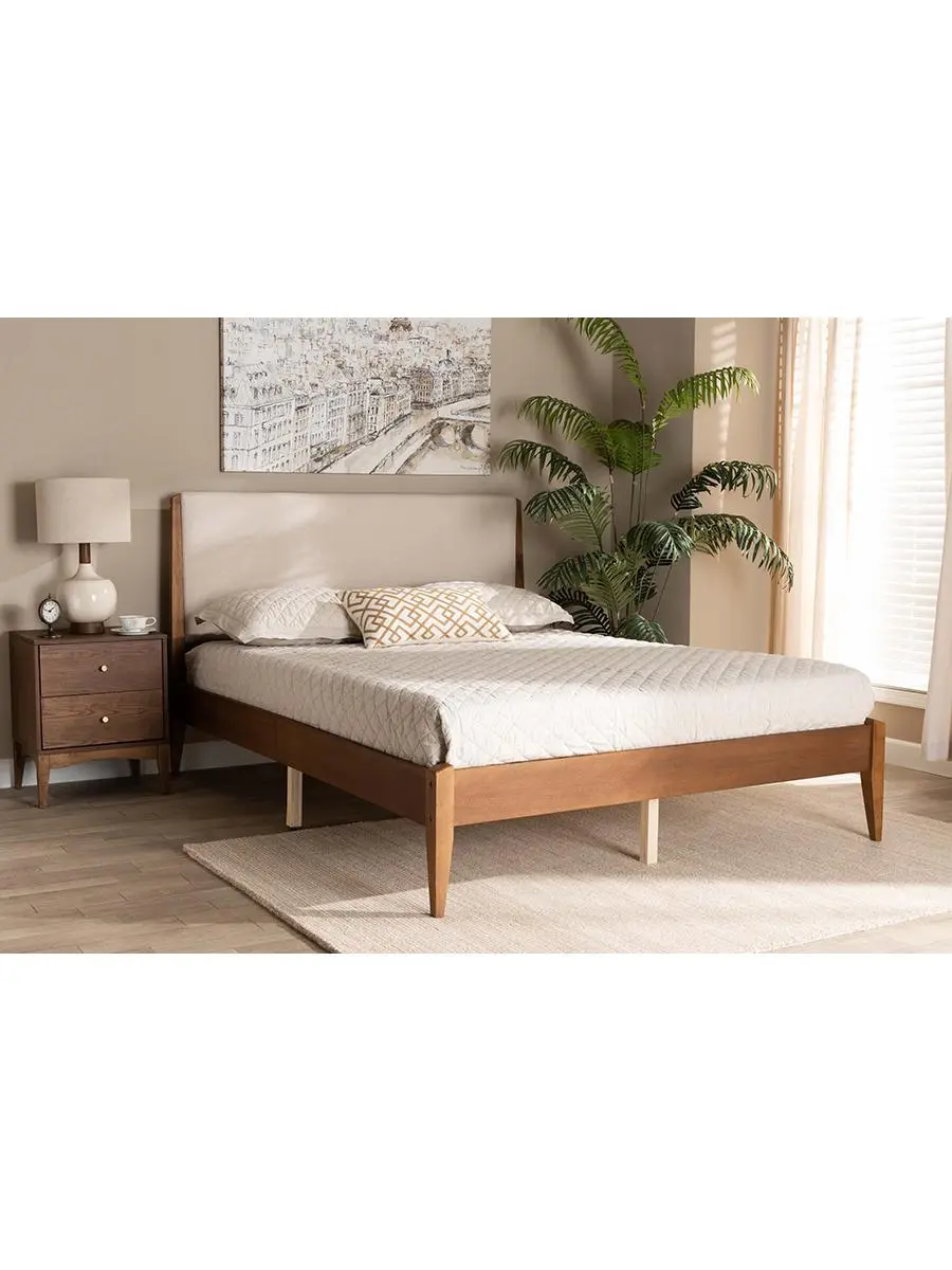 Baxton Studio Lenora Mid-Century Modern King Size Platform Bed - Beige Fabric Upholstered, Walnut Brown Finished Wood, Cushioned Flat Padded Headboard (Indoor, Large Beds, Model MG0077S-Beige-Walnut-King), Headboard For Bed