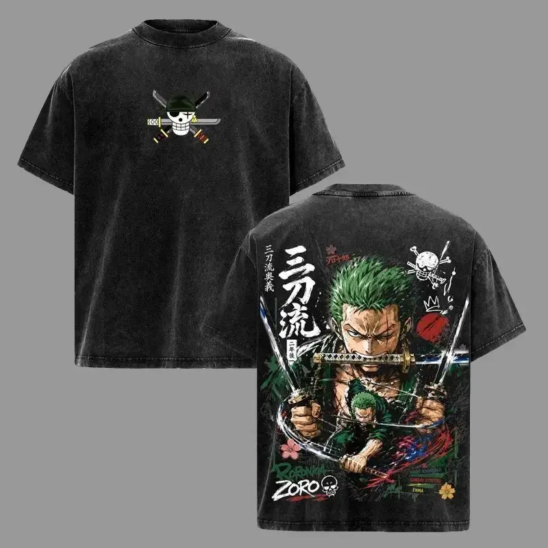 Roronoa Zoro – One Piece Vintage Washed T-Shirt, Three Sword Style Anime Graphic Tee, Pirate Hunter Swordsman Design Oversized Heavyweight Cotton Streetwear Crewneck Tshirt