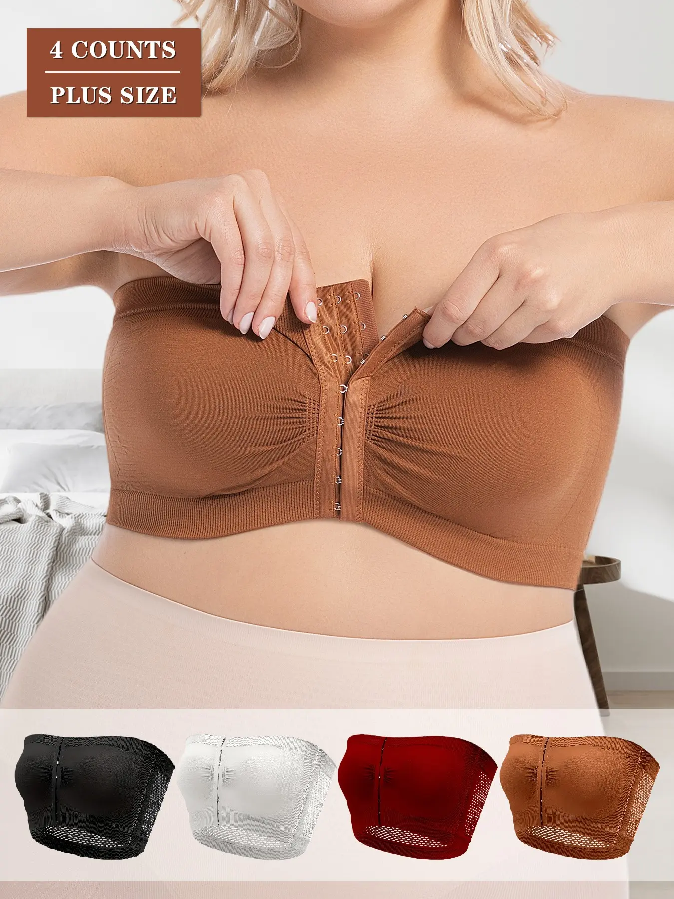 4-Piece Super Soft Plus Size Bandeau Bra Breathable Front Buckle Tube Top Non Wired Bra Wireless Invisible Fitted Chic Elegant Womenswear Underwear Lingerie for Daily Wear & Party