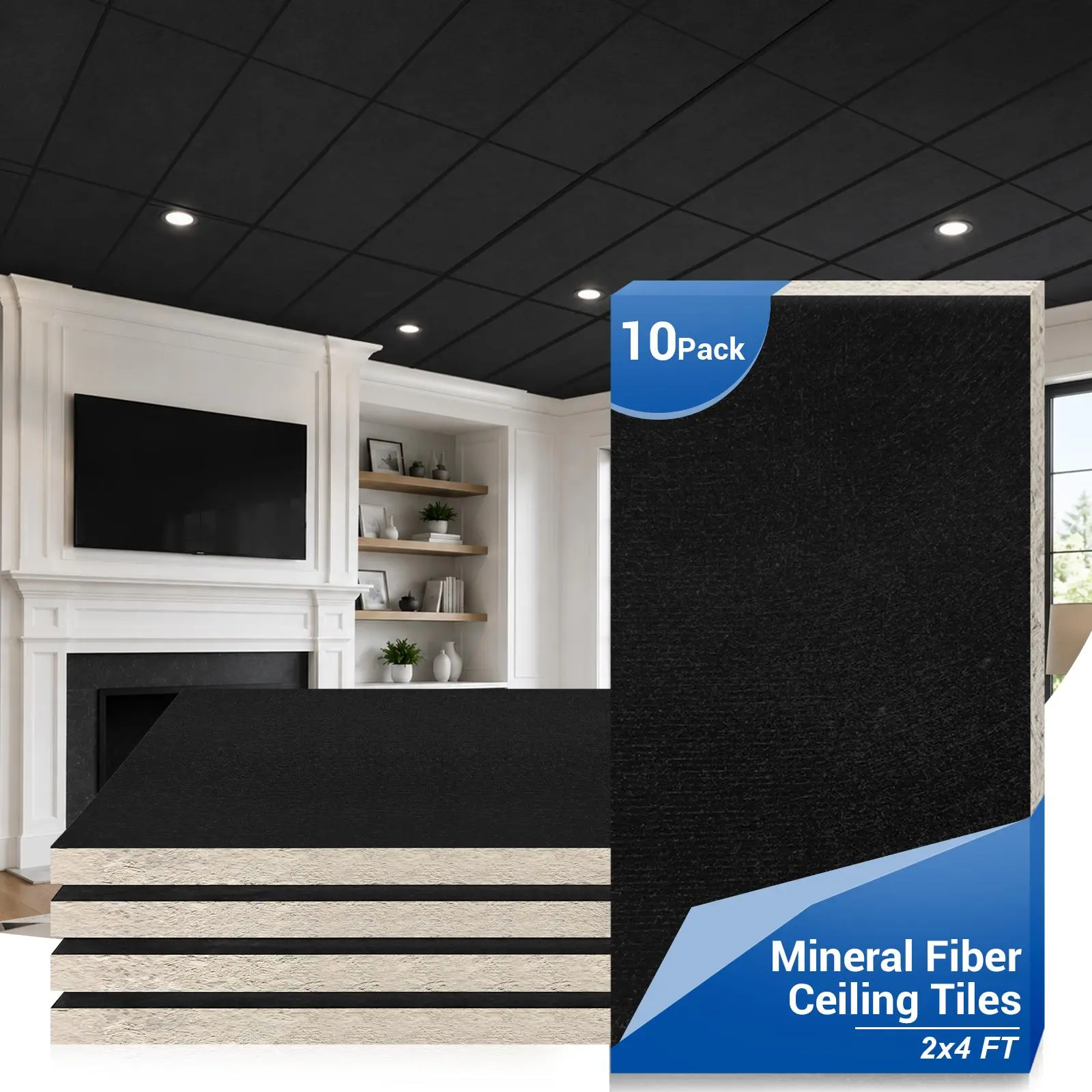 LooYee Bulk Pack 10 PCS Rectangular Solid Pattern 2x4 Ft Mineral Fiber Acoustic Ceiling Tiles, Fire-Retardant, Indoor Use, Ideal for Home Theater (Covers 80 Sq.Ft) Residential Spaces Commercial Settings