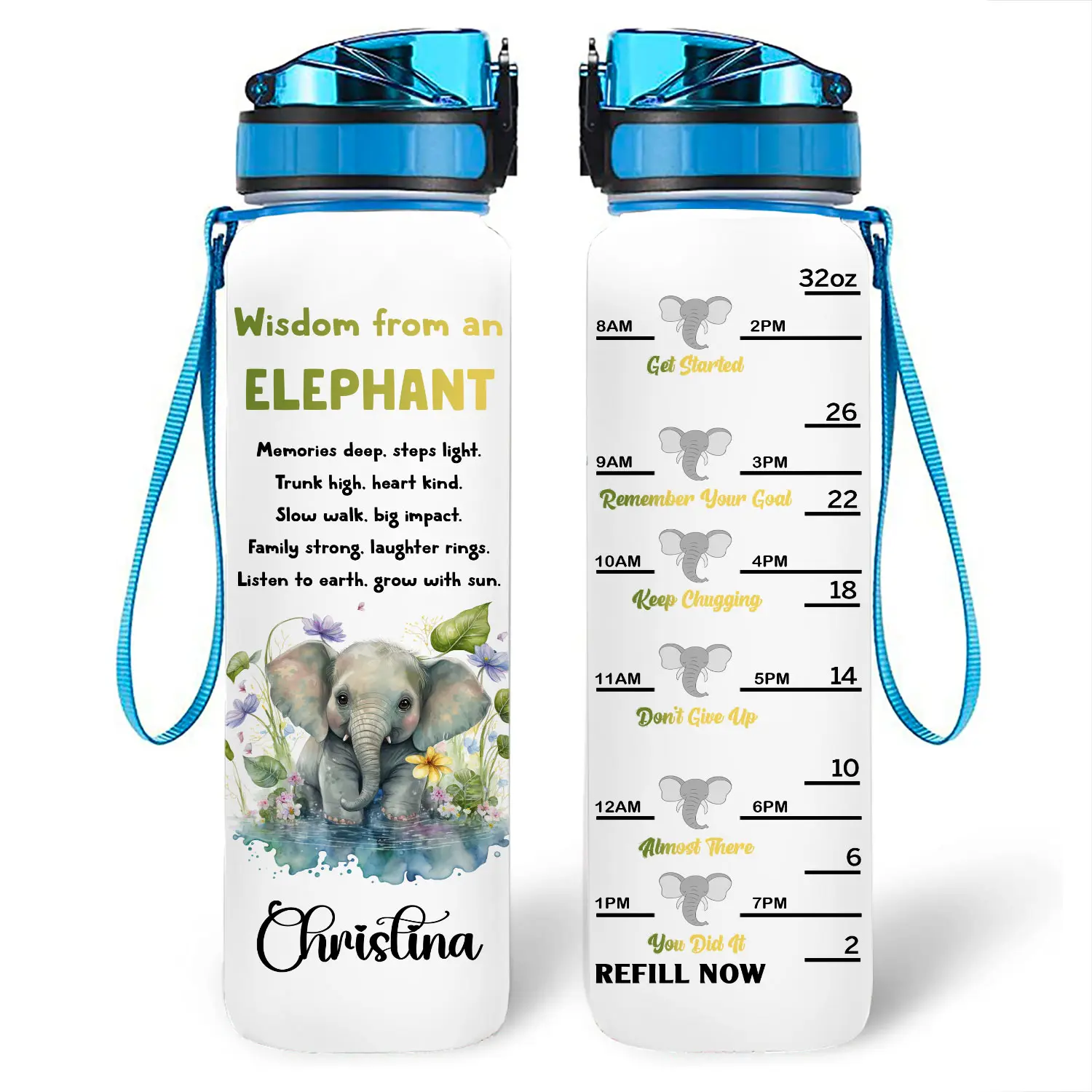 Sambrake Wisdom From Elephant Animals Advices Lovers Spirit Animal Is Elephant Water Bottle Sport Running Outdoor Time Marker Gift Idea Personalized Name 32oz