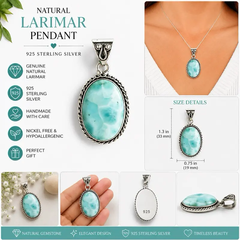 Larimar Oval Pendant, Elegant High-Polish Finish Semiprecious Stone Jewelry, Indian-Made Statement Piece