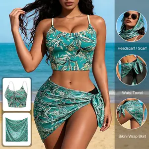 Okay Ant Beach Vacation Ready: Tropical Print Cami Top Bra + Multi-Use Scarf Sarong 2-Piece Set Everyday Womenswear