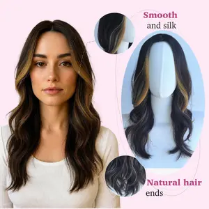 Ladies Wig 18" Korean Style Shoulder-Length Synthetic Hair Layered Curly with Middle Part & Ombre Highlights for Daily Wear K-Pop Inspired Looks Black Brown Gradient Natural Hair Ends