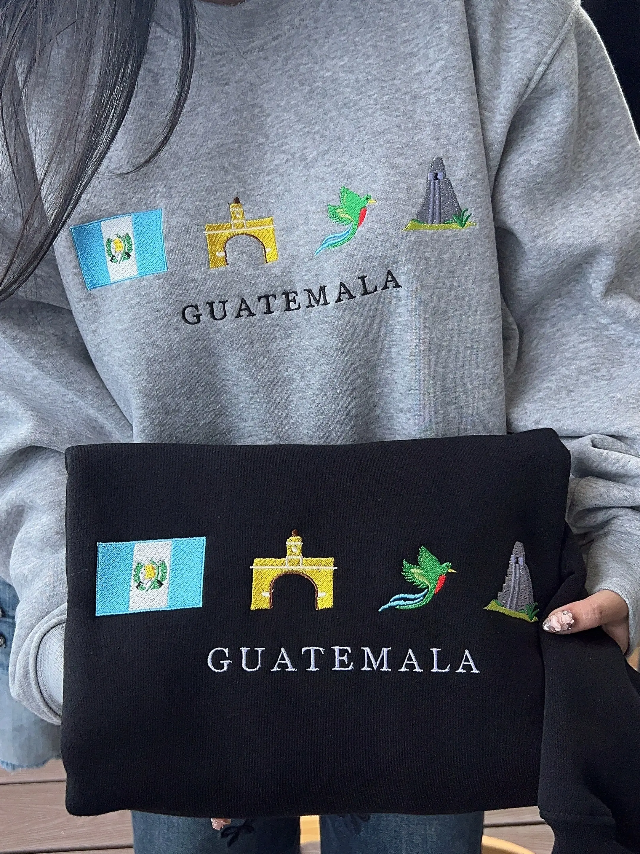 Guatemala Embroidery Sweatshirt, Cozy, Quetzal, Tikal, Great Jaguar Temple, Antigua Arch, Chapín, Maya, Symbol, Gift, Stitch Crewneck Hoodie Fabric
