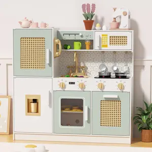 Retro Style Play Kitchen Wooden Playset with Realistic Lights & Sounds Pretend Play for Toddlers 3+， 28-Piece Accessory Set Included，for Boys and Girls Birthday Gift Christmas Gift