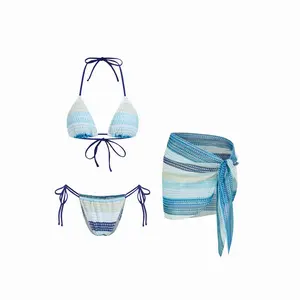Cider Halter Neckline Striped Tie Side Hollow Out Triangle Bikini Set With Sarong