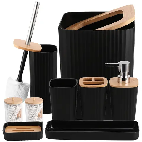 9Pcs Modern Plastic Bathroom Organizer Set - Clean Design Organized Bathroom Decor Kit with Trash Can, Toilet Brush, Dental Care Holders, Dispenser, Soap Dish, Tray - Tidy Setup, Less Clutter, Hotel-Use Convenience