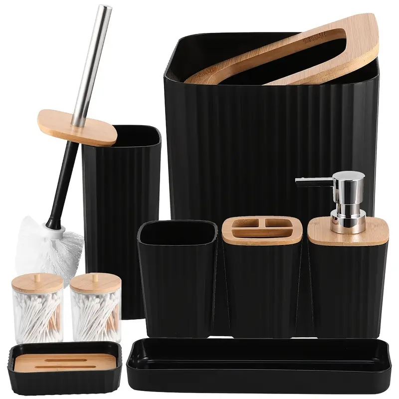 9Pcs Modern Plastic Bathroom Organizer Set - Clean Design Organized Bathroom Decor Kit with Trash Can, Toilet Brush, Dental Care Holders, Dispenser, Soap Dish, Tray - Tidy Setup, Less Clutter, Hotel-Use Convenience