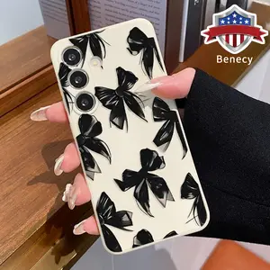 Silk Bow Pattern Straight Edge Phone Case Compatible with Galaxy S23 Ultra S24 Plus S25 S22+ Shockproof Full Camera Protection Durable Slim Liquid Silicone Cover Smartphone Casing
