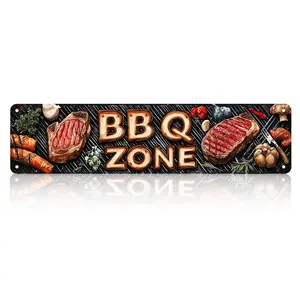 Retro Aluminum BBQ Zone Metal Sign, 4×16 in, Vintage Grilled Steak & Food Wall Decor, Waterproof, Rust-Resistant, Ideal for Outdoor Grill Area, Kitchen,home decor wall art