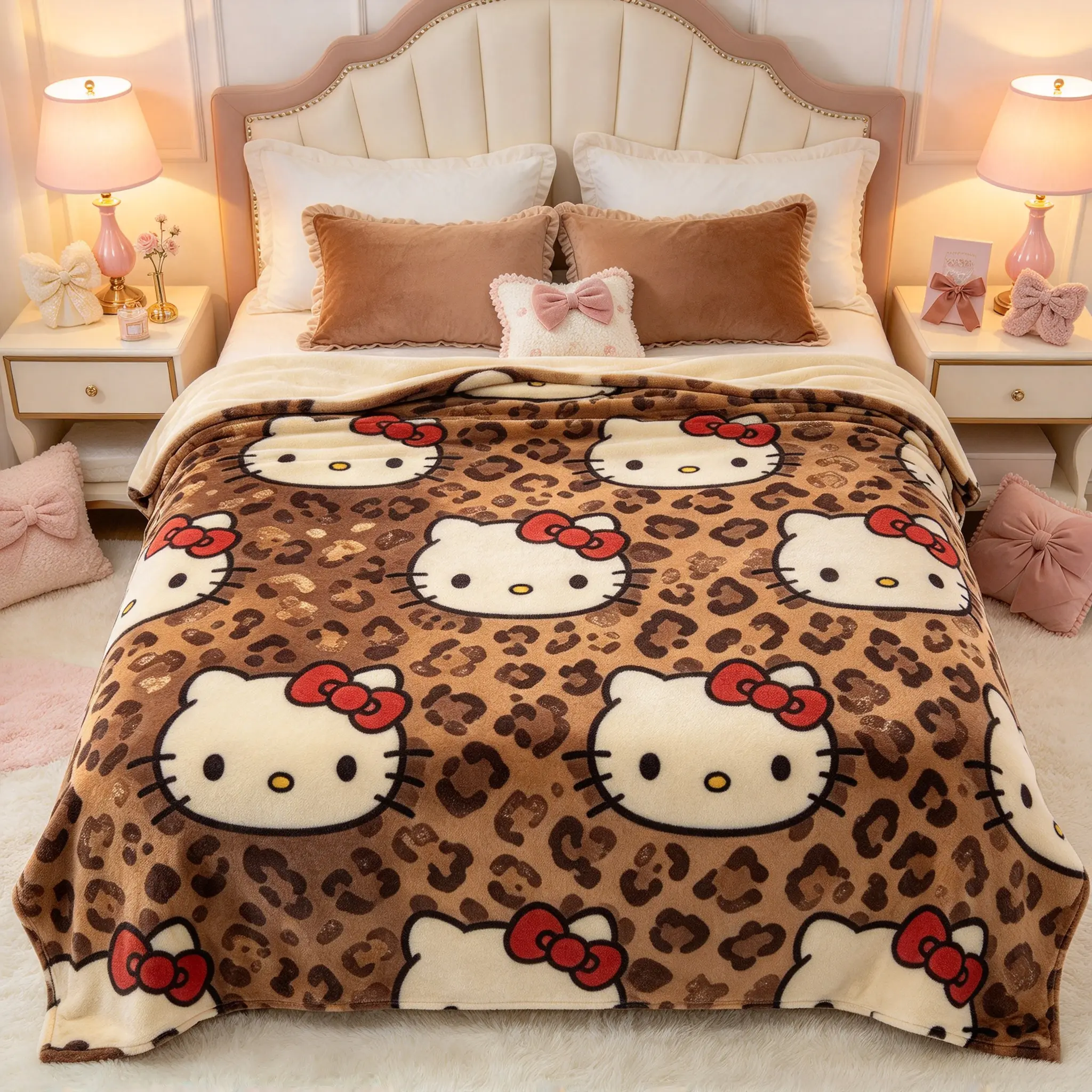Hello Kitty Classic Brown Leopard All Over Print Fleece Throw Blanket, Cute Sanrio Kitty Head Pattern Blanket, 4 Sizes Available, Soft Lightweight Flannel Blanket for Sofa & Bedroom