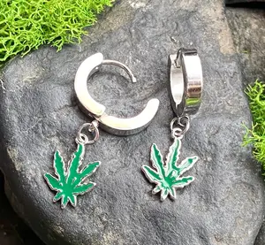 PAIR of Pot Leaf Dangle Hinged Hoop Earrings Huggies Marijuana 18g Steel