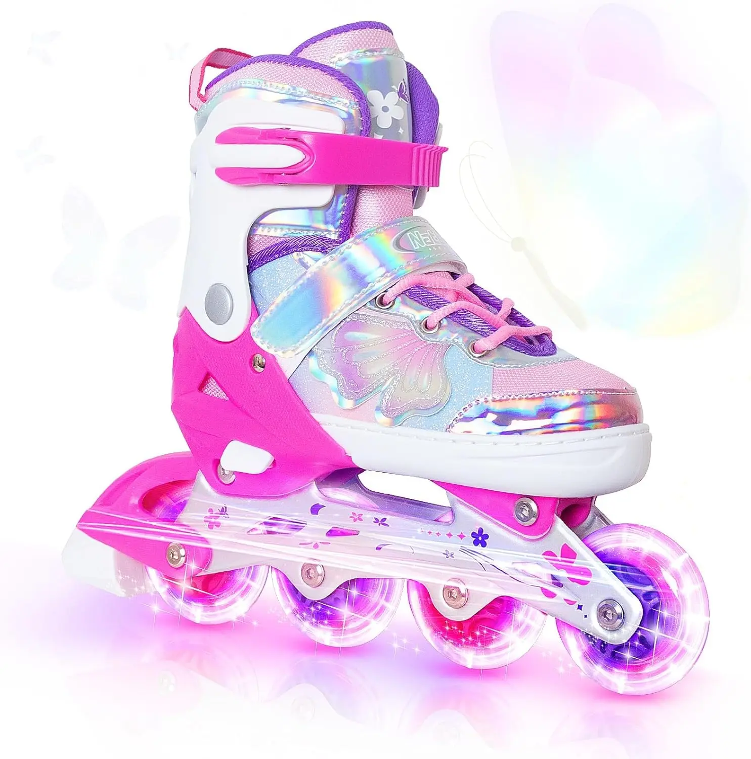 Nattork 4 Sizes Adjustable Inline Skates for Kids and Teens, High Performance Youth Roller Blades with Reinforced Alloy Steel Frame, 8 Illuminating Polyurethane Wheels Beginner Rollerblates, Purple Floral