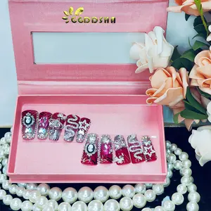 GGddsha Vermilion Duck Nails Medium Square Fake Nails with Stars Butterflies Snake Designs Handmade Pmma acrylic Glossy Reusable Fake Nails