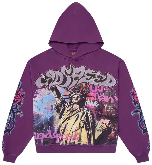 Godspeed Vandal Hoodie Purple – Vintage Hip Hop Y2K Streetwear Graphic Sweatshirt, Purple Urban Art Pullover Hooded Top for Men Women, Retro Casual Fashion, Fall Winter Outfit Gift