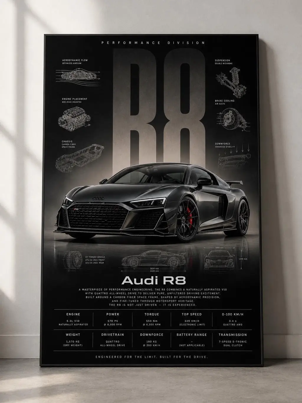 Audi R8 Wall Art Print | Premium Automotive Poster | Car Enthusiast Gift, Product without frame