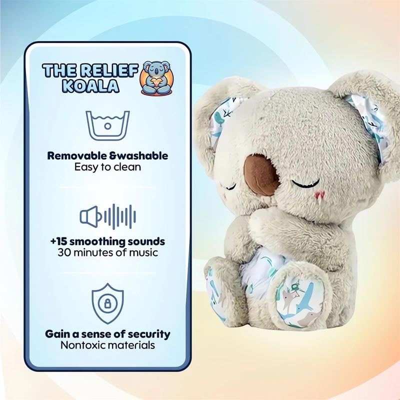 Stress Relief Koala Breathing Plush Toy, Calming Stuffed Animal with Music Lights & Rhythmic Breathing Action, Sleep Aid Doll, Musical Light Up