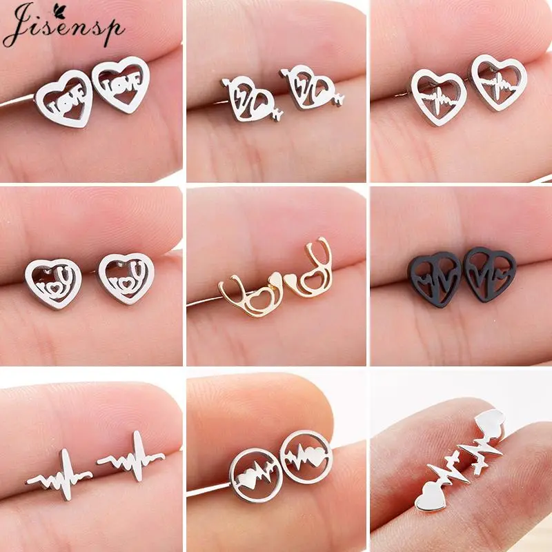 Tiny Fashion Medical ECG Heartbeat Stud Earrings for Women Nurse Cute Stainless Steel Heart Letter Earings Valentine's Day Gifts