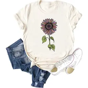 Chulianyouhuo Camiseta con diseño de girasol para mujeres, linda camiseta de manga corta con flores para damas, adolescentes y niñas