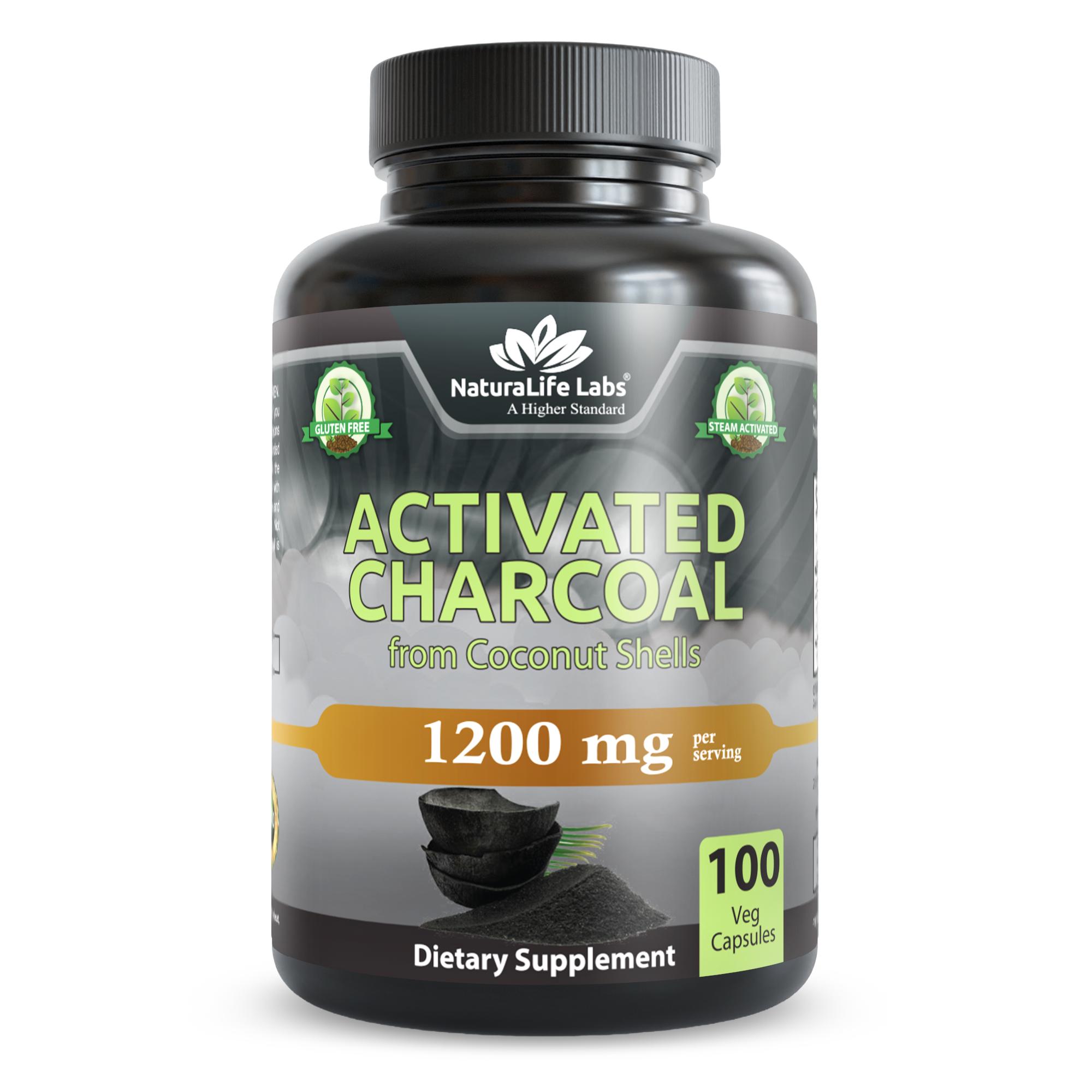 NaturaLife Labs Activated Charcoal 1200 mg per Serving – from Coconut Shells – 100 Veg Capsules – Non-GMO, Gluten-Free, Vegan