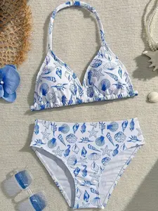 Girls Starfish Print Bikini Sets, 2pcs Knit Fabric Swimsuit, Fashionable Casual Elegant Swimwear For Girls, Suitable For Swimming, Vacation, Summer Girls Swim Two Piece Girls Tropical Print Bikini 2pcs Tween Girls Printed Swimwear Bikini