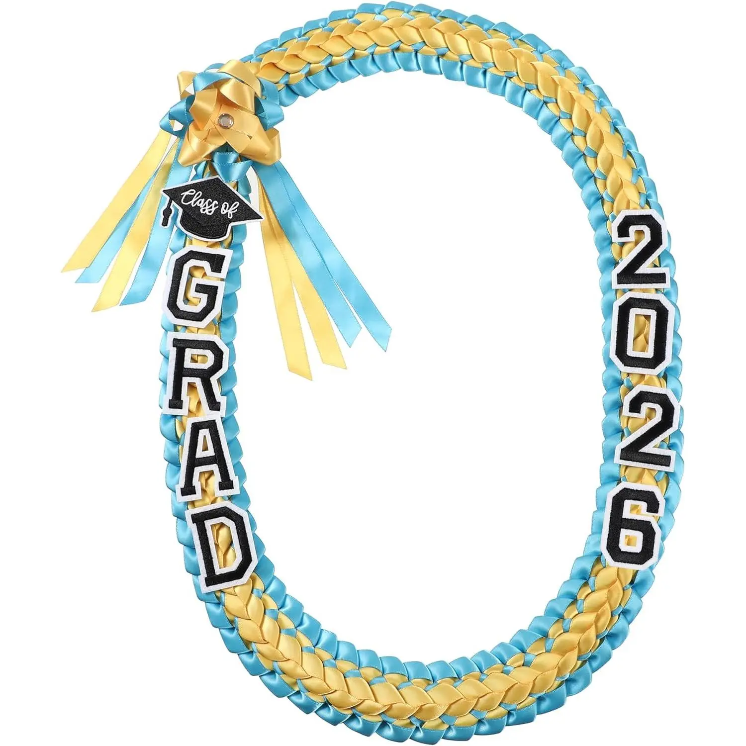 Class of 2025 Graduation Ribbon Lei Set, 47.2in Lightweight Double-Braided Polyester Accessory with Grad Cap Patch & Glitter Pins for Ceremony & Photo Shoots