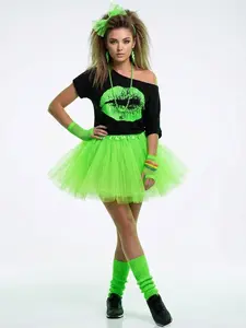 Retro 1980s Tutu Skirt Costume Set Drop Shoulder T-Shirt Party Prom Full Jewelry Accessories