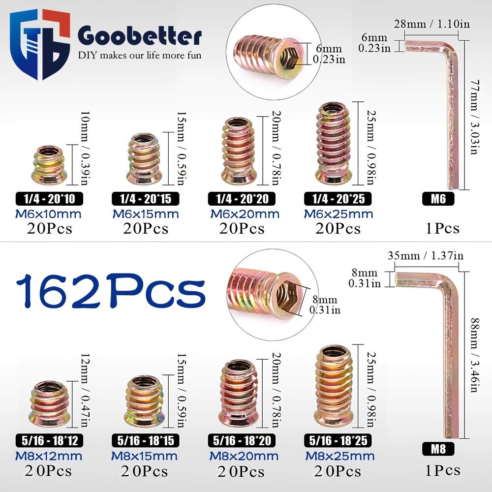 162Pcs 1/4"-20 Threaded inserts for Wood Furniture Screw-in Nut Wood inserts Bolt Assortment Kit with M6+M8Hex Wrench (1/4"-20 x15mm)