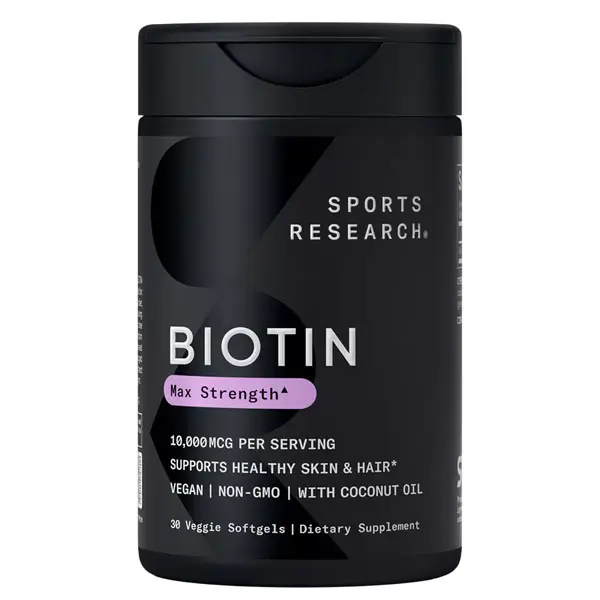 Sports Research® Biotin 10,000mcg with Organic Coconut Oil - Biotin (Vitamin B7) for Healthy Skin and Hair Support* - for Women and Men - Vegan, Non-GMO, Gluten & Soy-Free - 30 Veggie Softgels