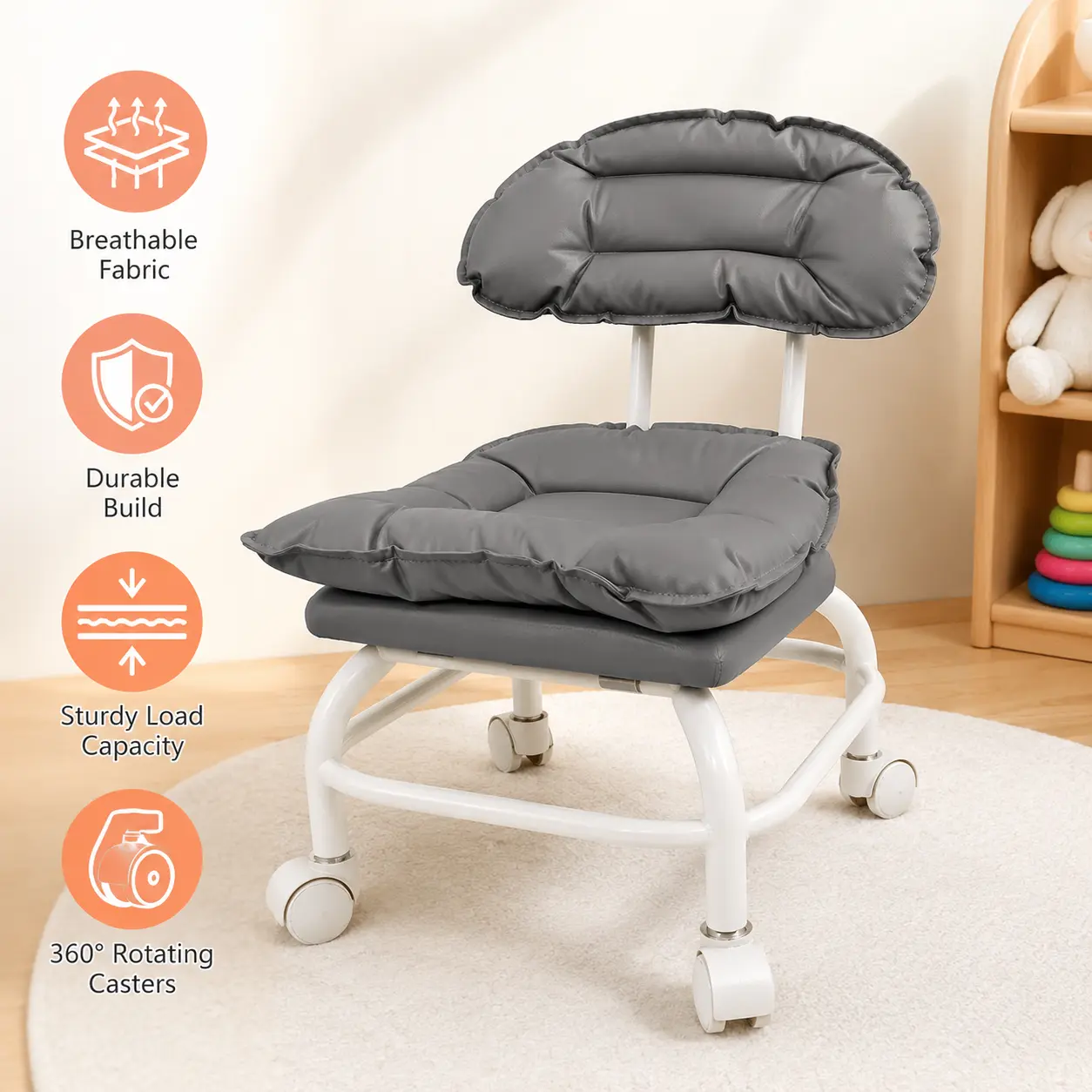 1 Count Rolling Backrest Chair,Ergonomic Design,High-Elastic Sponge,Wide Seat Surface Grey wide sitting surface rolling stool to lower pressure on hip area