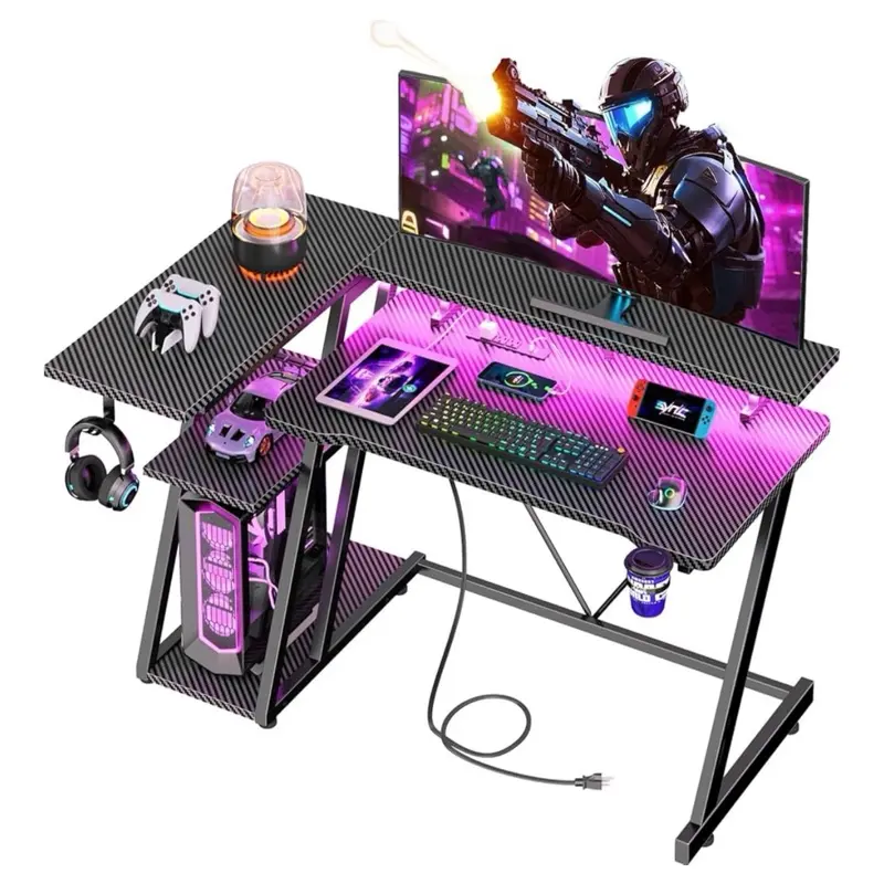 Gaming Desk with Power Outlet & LED Lights, L Shaped Computer Gaming Table with 3 Tiers Storage Shelves, Corner Gamer Desk with Monitor Stand for Small Space, Carbon Fiber Black