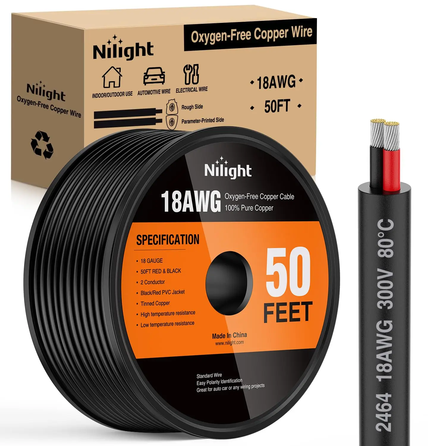 Nilight 50FT 18AWG Oxygen-Free Copper Core Electrical Wire, Red-Black High-Strand-Count Stranded PVC Cord, 2-Conductor Parallel 300V DC High-Temp Resistant Sturdy Flexible Cable for LED Lights, Garden, Auto Wiring, Direct Burial (Conducts Power)