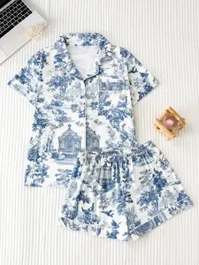 Two-Piece French Landscape Print Women's Pajama Set, Loungewear, High-Quality Satin Fabric, Smooth Comfortable, Loose Lightweight Button Pajamas