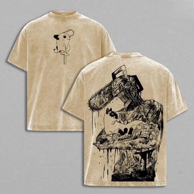 Chainsaw Man Denji Tee – Vintage Washed Heavy Cotton Oversized T-Shirt, Double Printed Anime Manga Graphic Top, Retro Unisex Streetwear for Devil Hunter Fans, Movie Inspired Edition Chainsaw Man anime merchandise