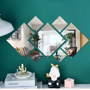 7pcs, Silver diamond square self-adhesive acrylic mirror wall sticker, Wall decal, Decorative stickers, Kitchen Bathroom Decoration, shatterproof, adhesive backing, no drilling installation, high-definition mirror for home decoration