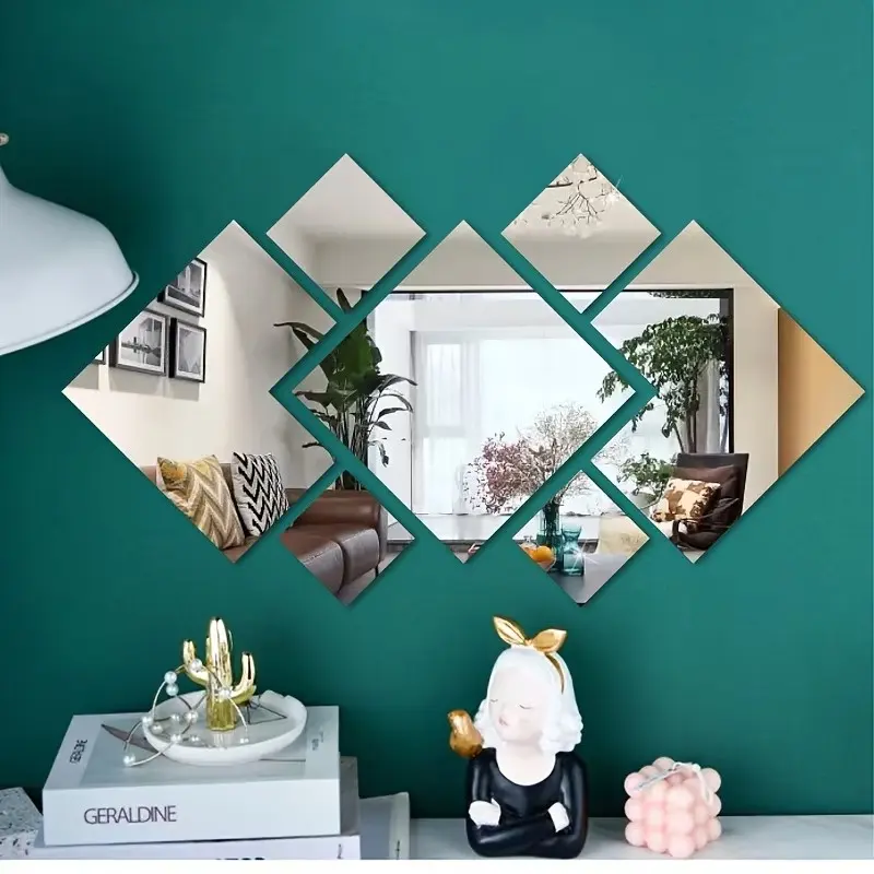 7pcs, Silver diamond square self-adhesive acrylic mirror wall sticker, Waterproof Wall Decal, Decorative stickers, Kitchen Bathroom Decoration, shatterproof, adhesive backing, no drilling installation, high-definition mirror for home decoration