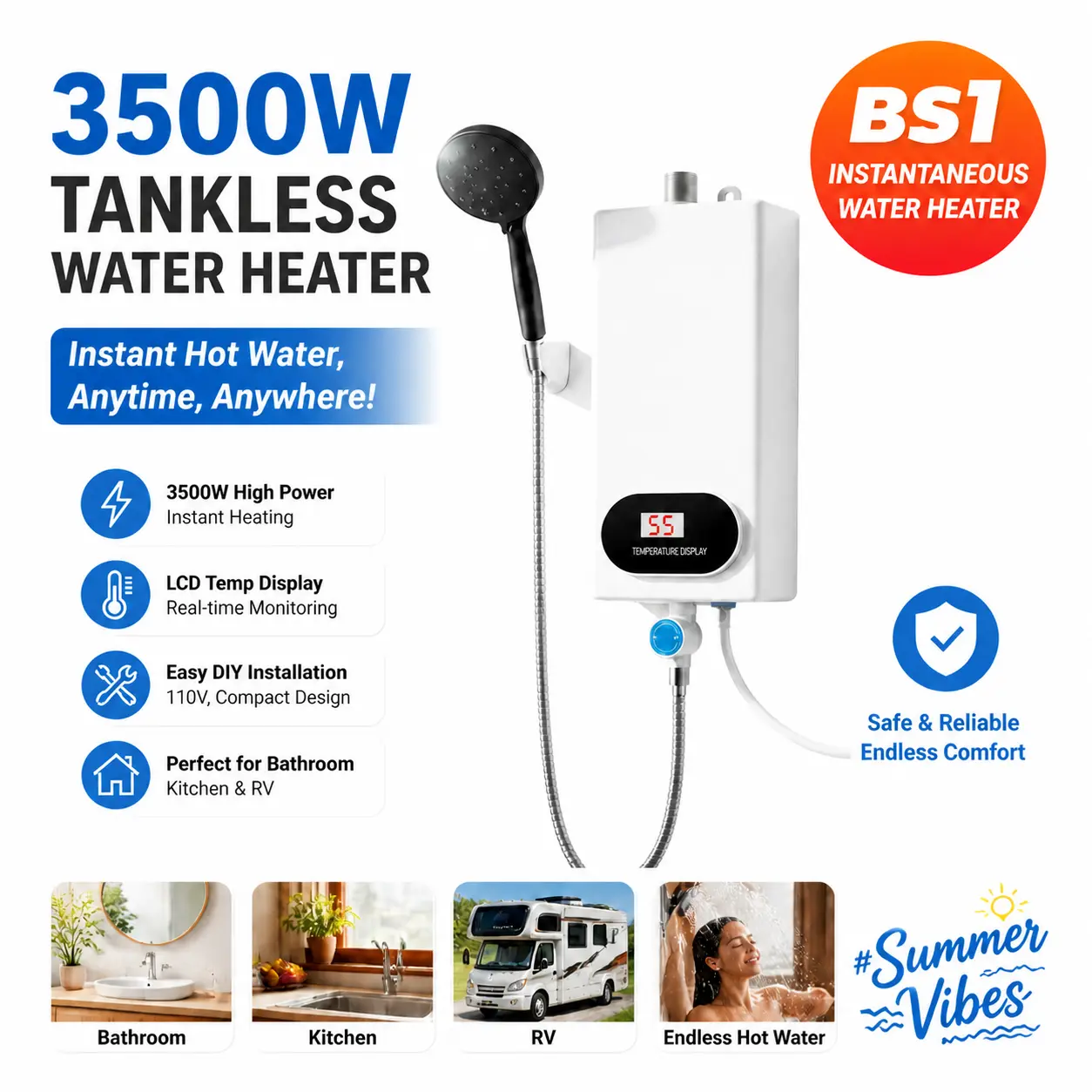 110V 3500W Tankless Electric Water Heater with Shower Head, Instant Hot Water, LCD Temperature Display, Compact Household Appliances for Bathroom, Kitchen