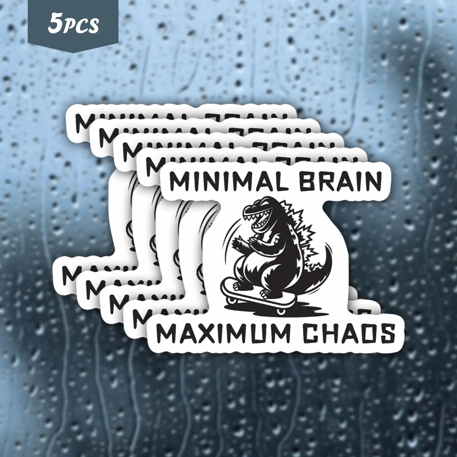 5Pcs Chaos Skate Godzilla "Minimal Brain, Maximum Chaos" Waterproof Vinyl Sticker, Self-Adhesive Decal, Sticker Decals, Suitable For Water Bottles, Laptops, Cars, Tablets, Ideal For Dinosaur Fans, Skateboarders And Chaos Enthusiasts