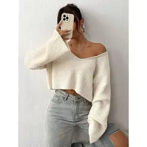 Solid Drop Shoulder Crop Ribbed Knit Sweater,Long Sleeve Tops Fabric Fit Knitwear Womenswear